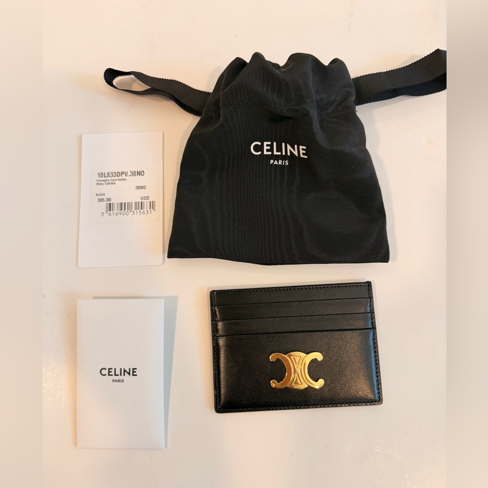 Celine Triomphe card holder in black skinny calfskin